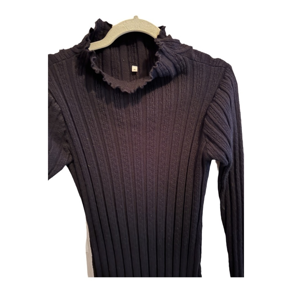 Black Ribbed Ruffle Mock Neck Sweater Dress - Picture 2 of 5